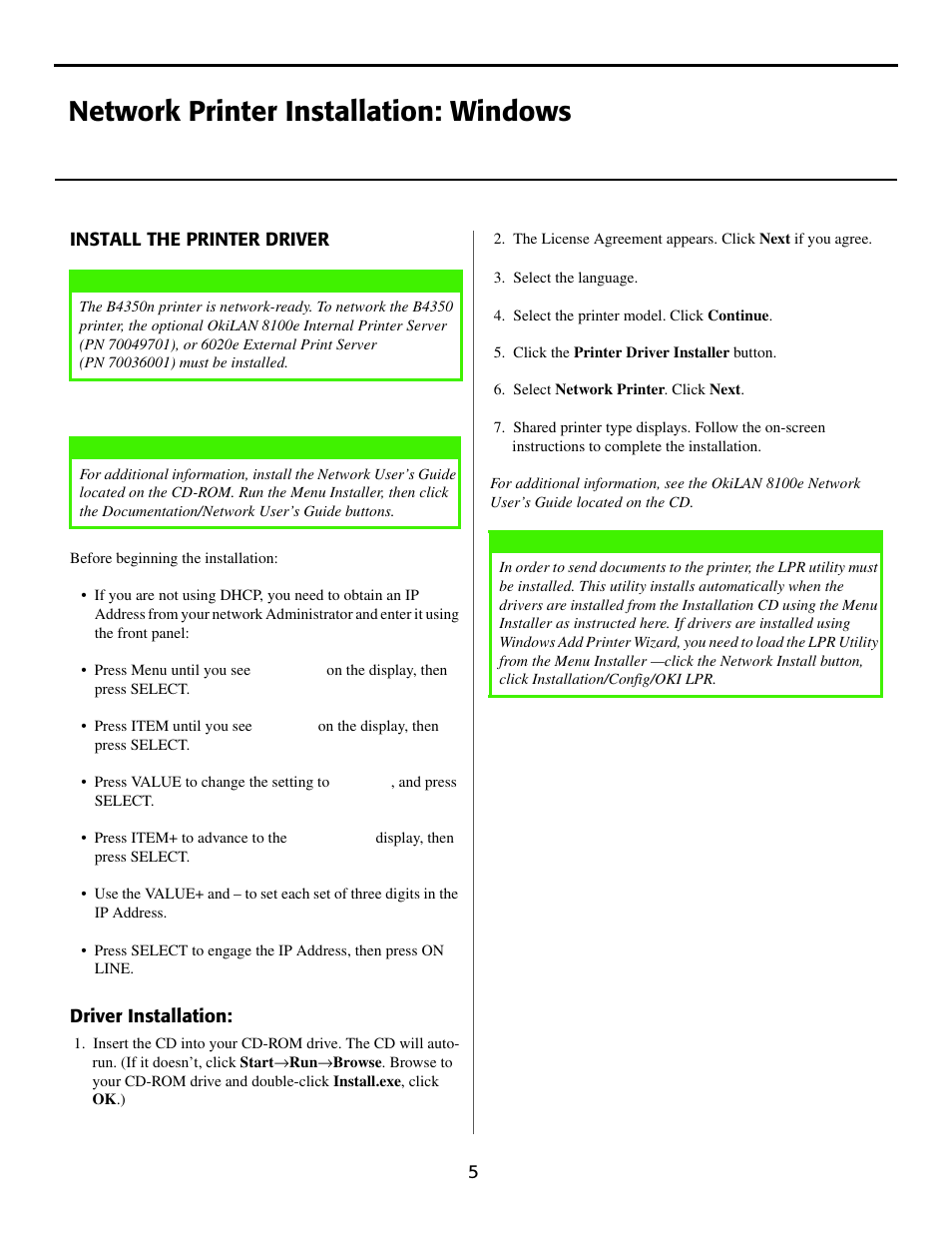 Network printer installation: windows | Oki B 4350N User Manual | Page 5 / 8