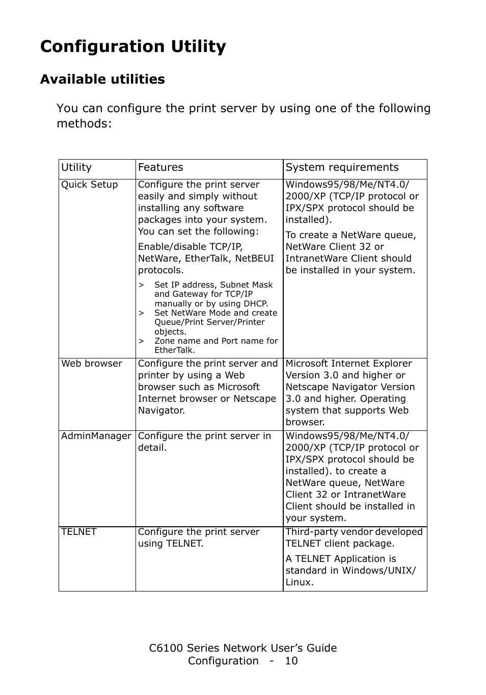 Configuration utility, Available utilities | Oki C6100dn User Manual | Page 10 / 128