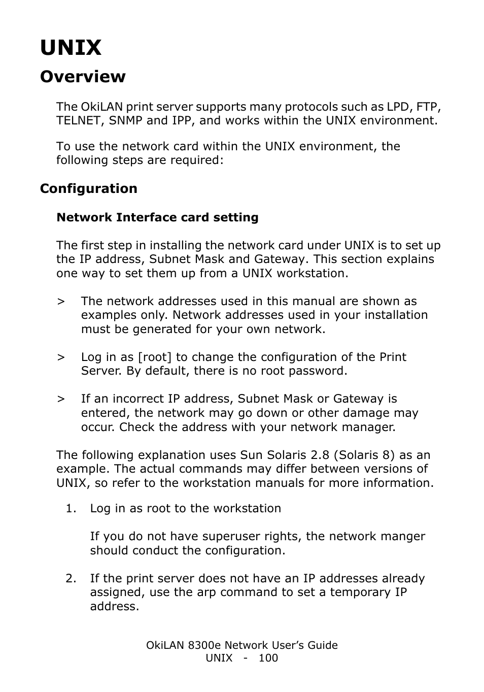 Unix, Overview, Configuration | Network interface card setting | Oki C6100dn User Manual | Page 100 / 128