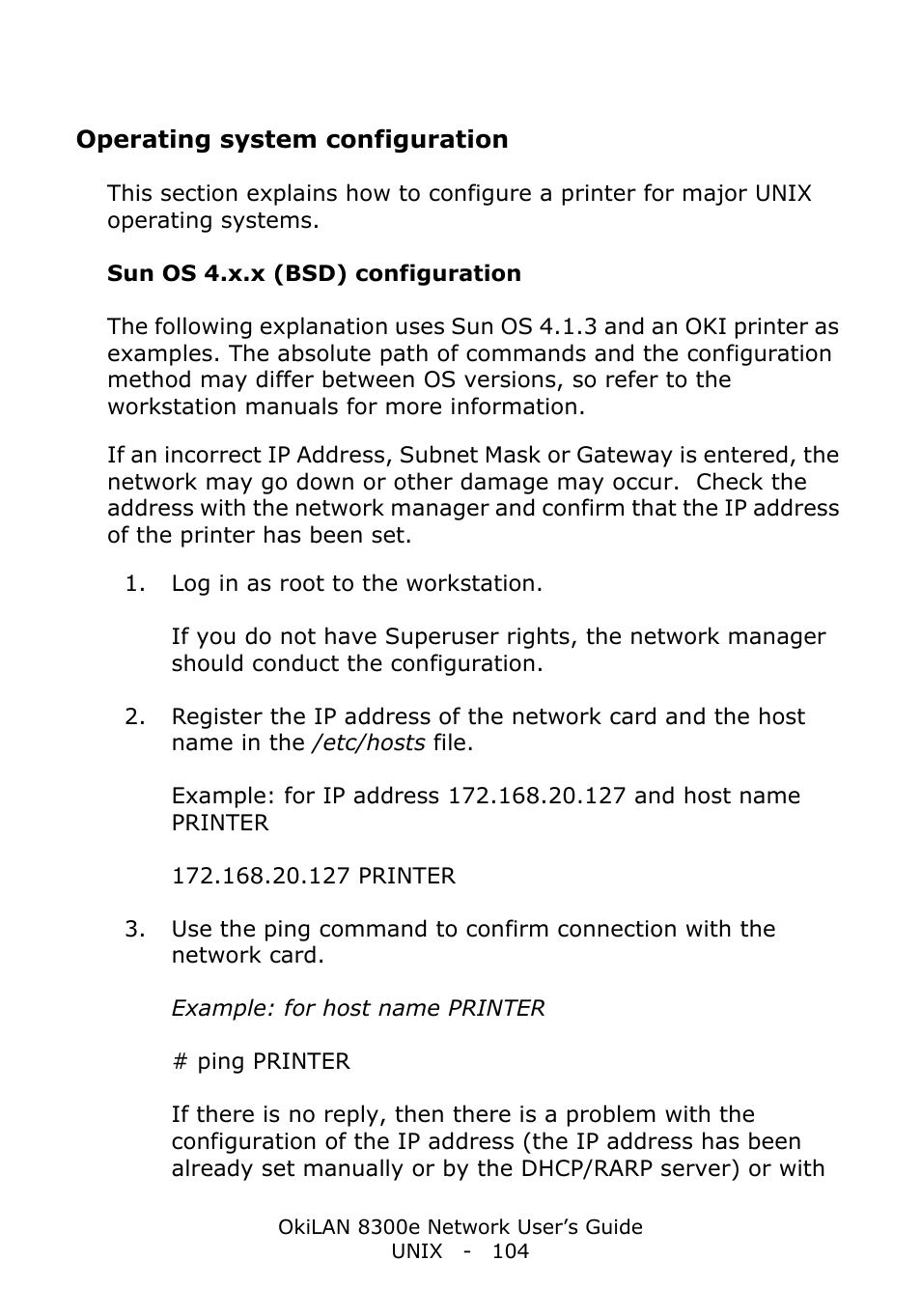 Operating system configuration, Sun os 4.x.x (bsd) configuration | Oki C6100dn User Manual | Page 104 / 128