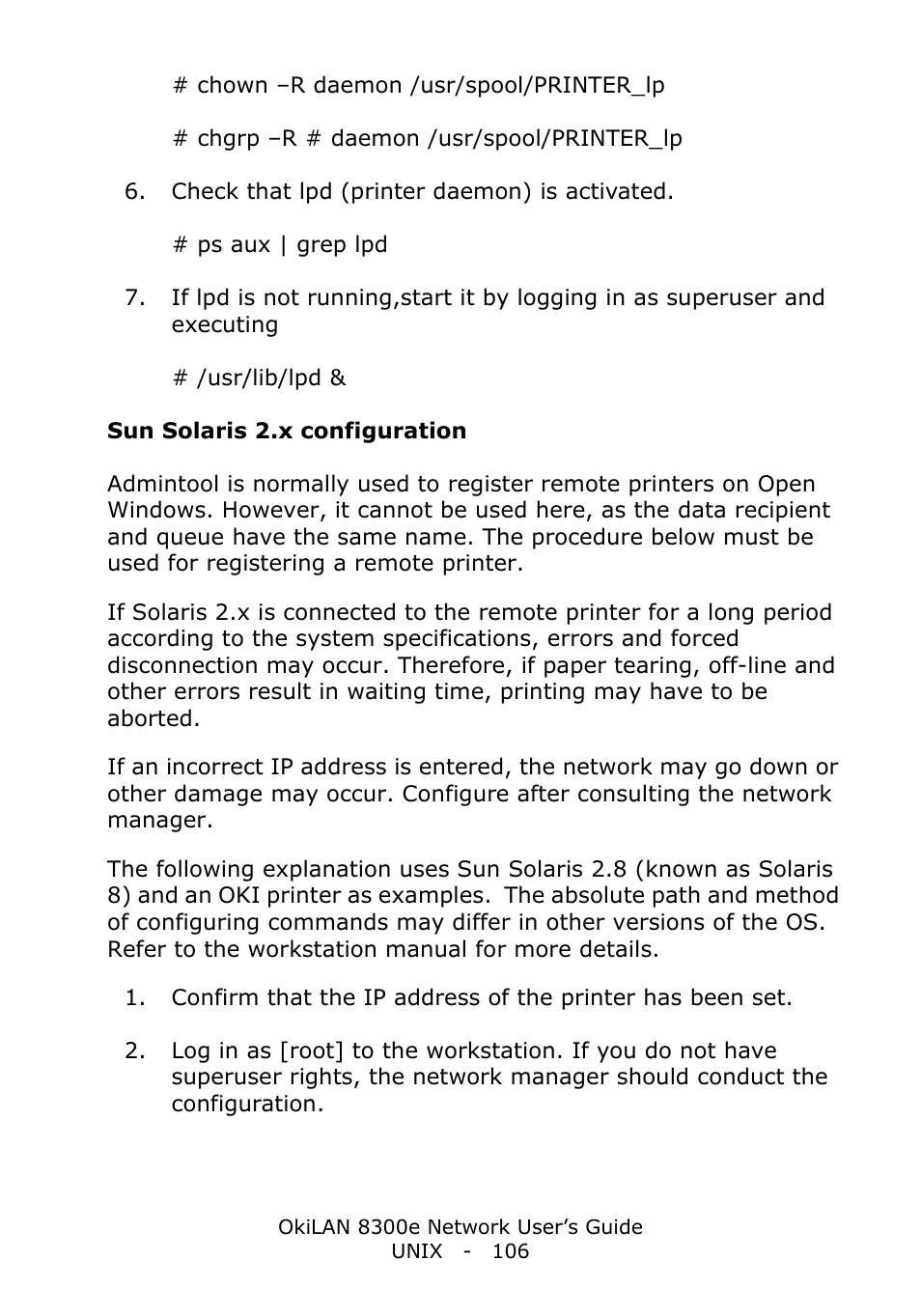 Sun solaris 2.x configuration | Oki C6100dn User Manual | Page 106 / 128