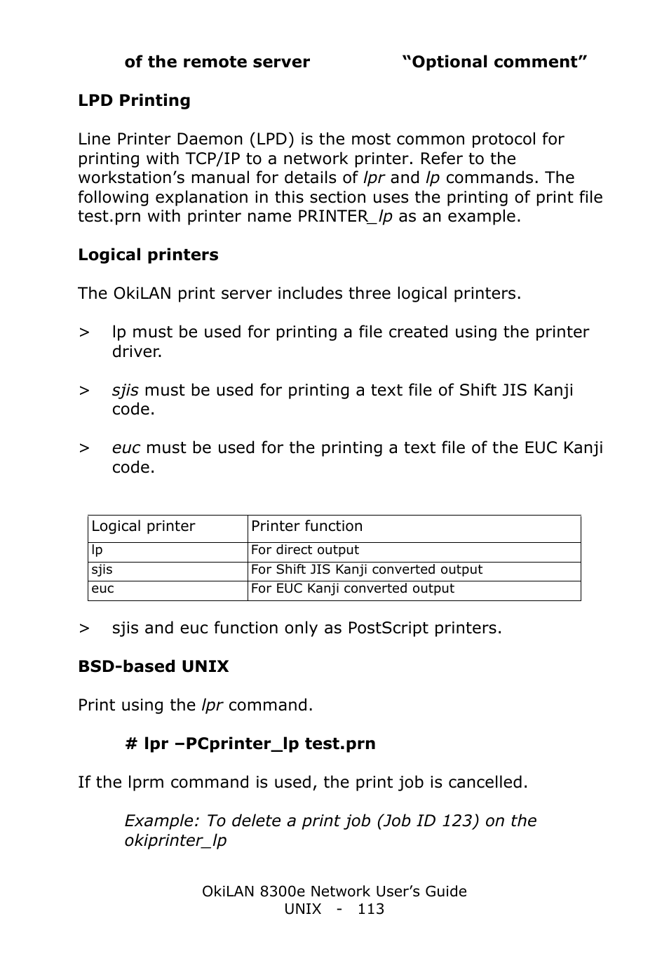 Lpd printing, Logical printers, Bsd-based unix | Oki C6100dn User Manual | Page 113 / 128