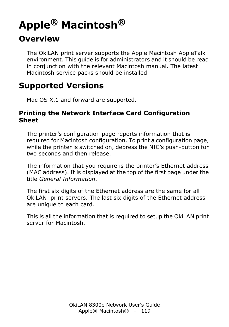 Apple® macintosh, Overview, Supported versions | Apple, Macintosh | Oki C6100dn User Manual | Page 119 / 128