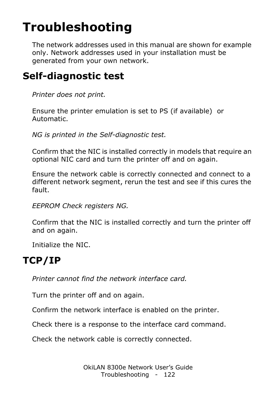 Troubleshooting, Self-diagnostic test, Tcp/ip | Oki C6100dn User Manual | Page 122 / 128