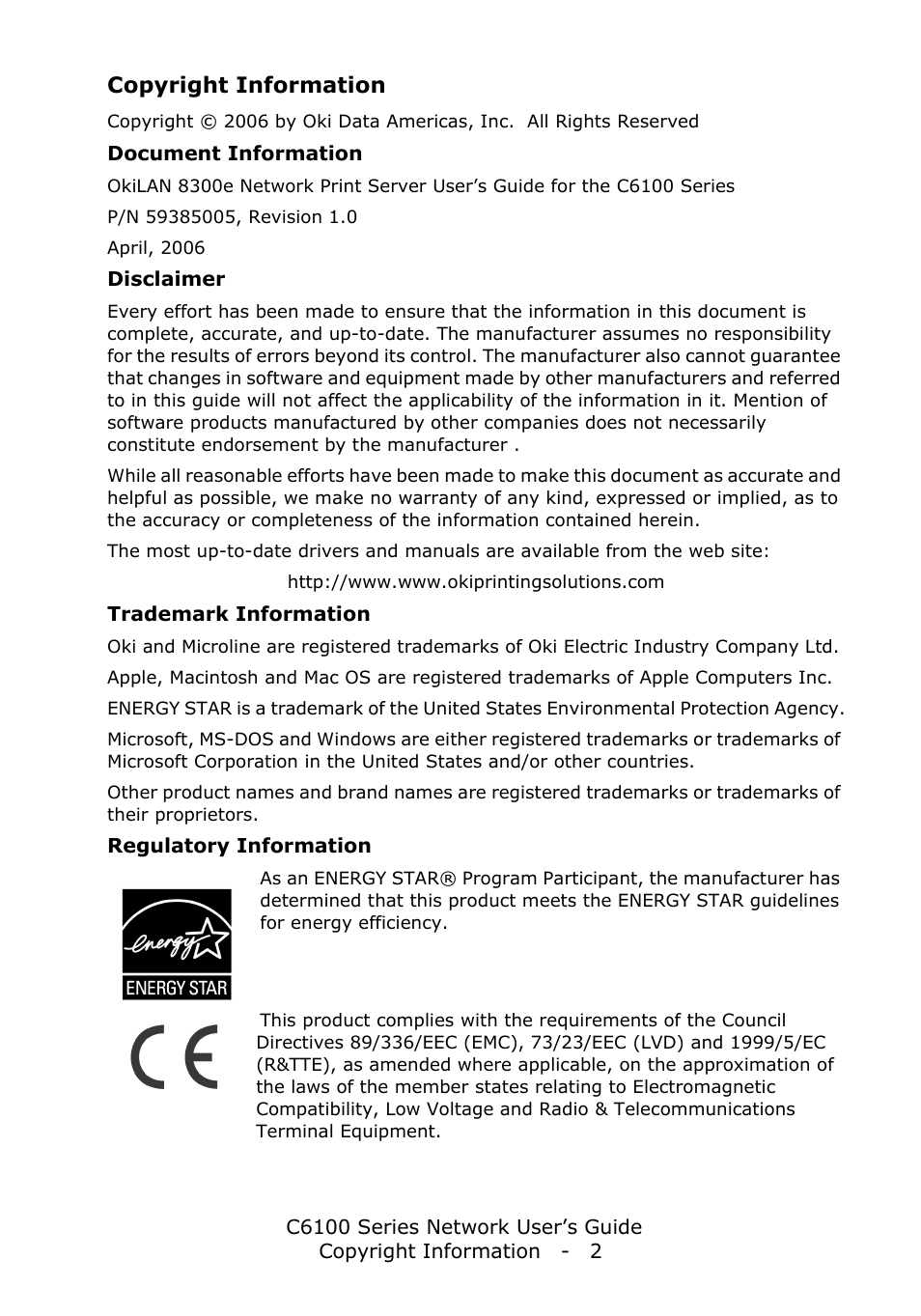 Copyright information, Document information, Disclaimer | Trademark information, Regulatory information | Oki C6100dn User Manual | Page 2 / 128