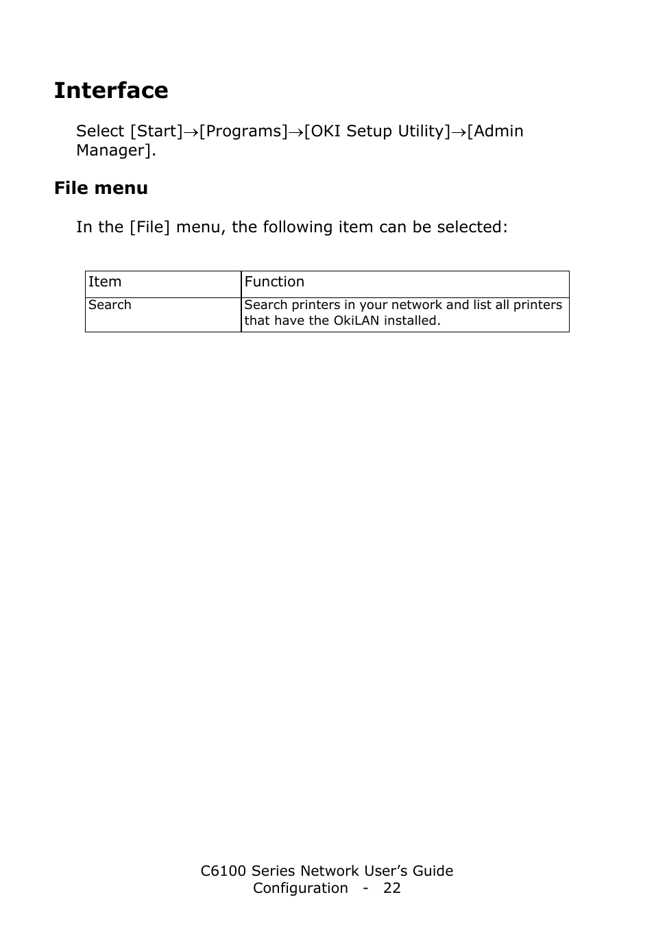 Interface, File menu | Oki C6100dn User Manual | Page 22 / 128