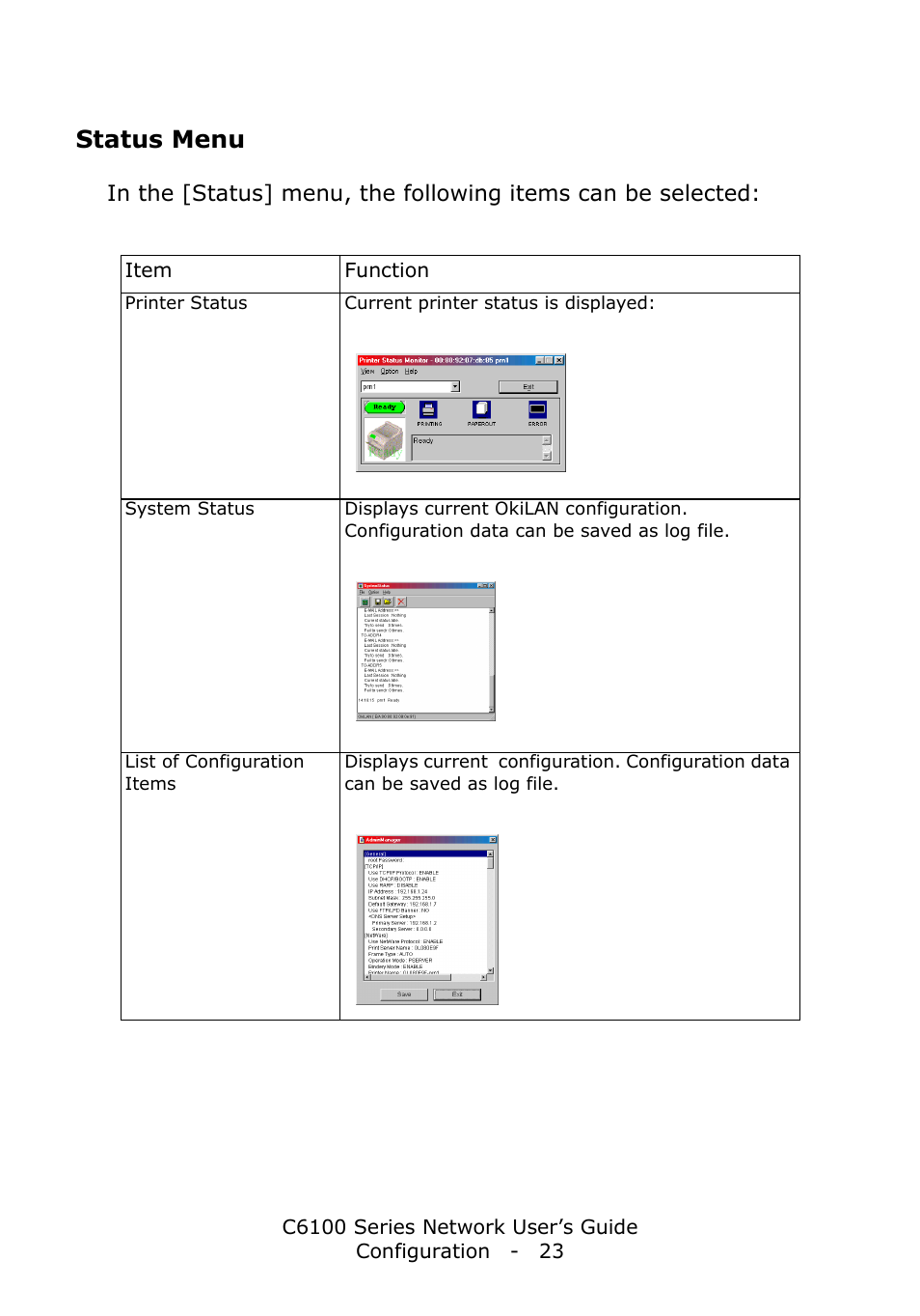 Status menu | Oki C6100dn User Manual | Page 23 / 128