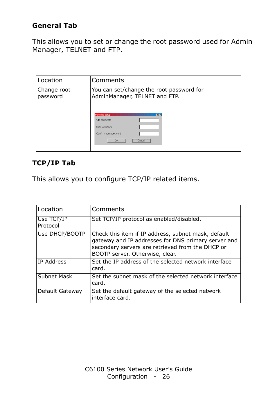 General tab, Tcp/ip tab | Oki C6100dn User Manual | Page 26 / 128