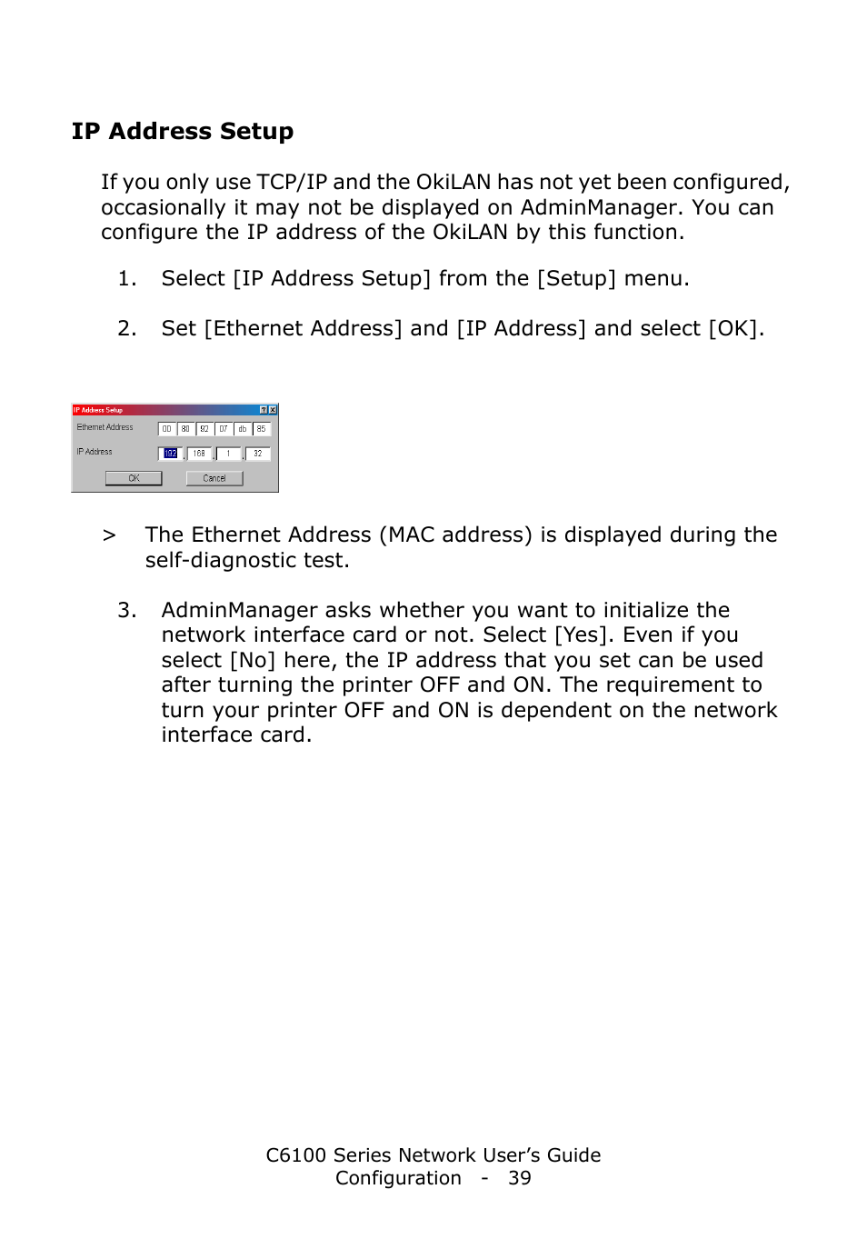 Ip address setup | Oki C6100dn User Manual | Page 39 / 128