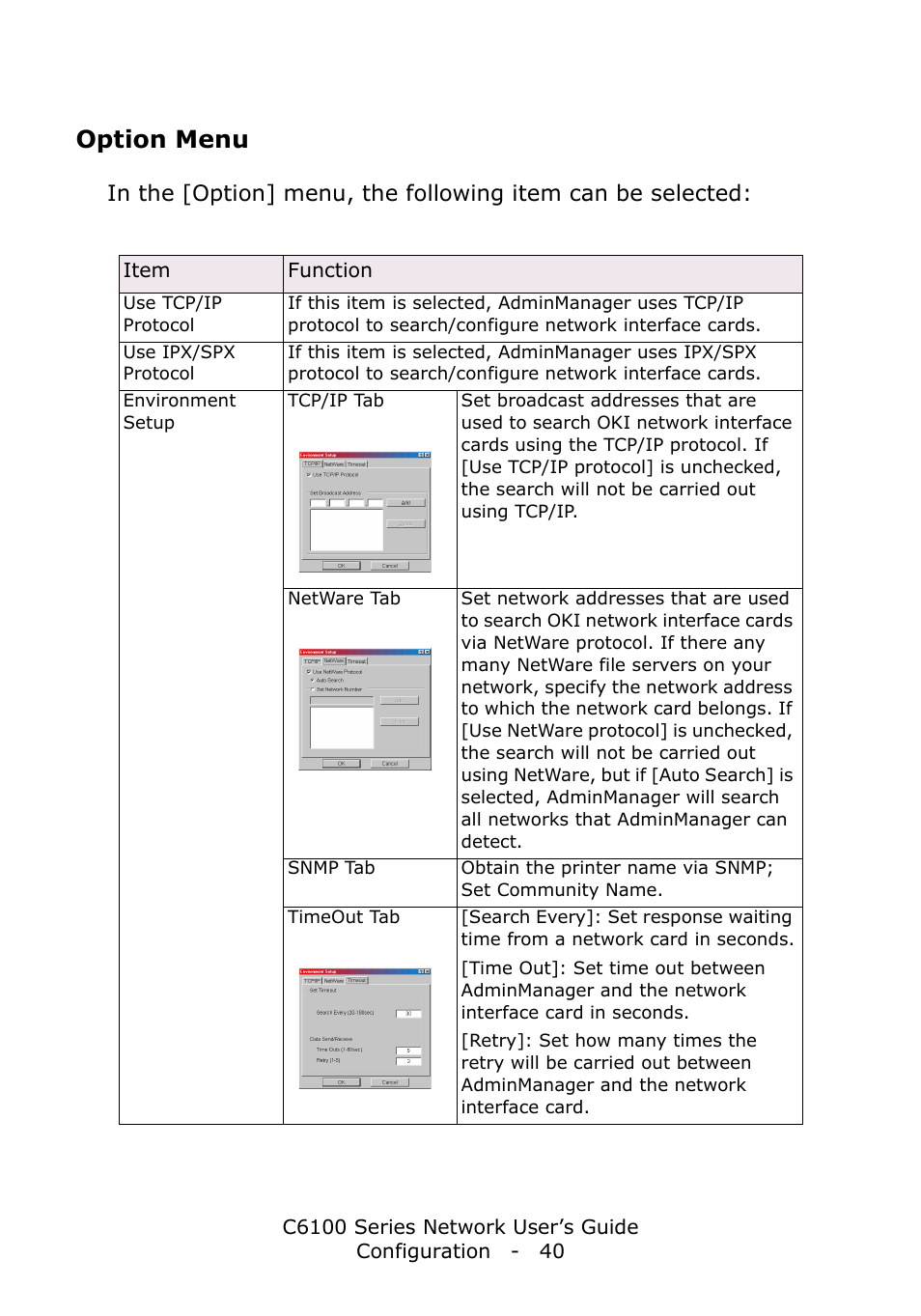 Option menu | Oki C6100dn User Manual | Page 40 / 128
