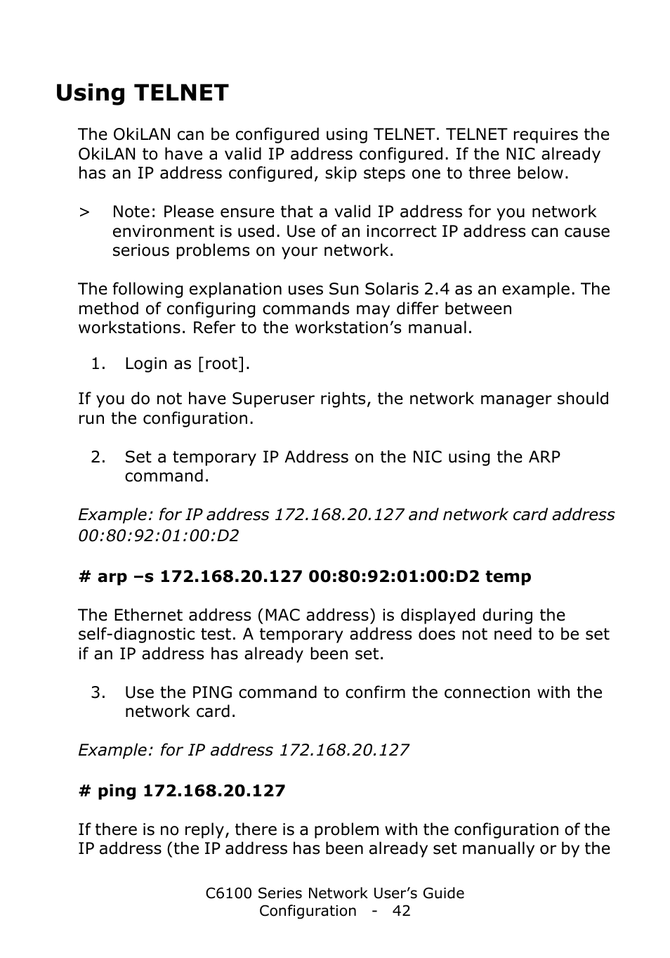 Using telnet | Oki C6100dn User Manual | Page 42 / 128