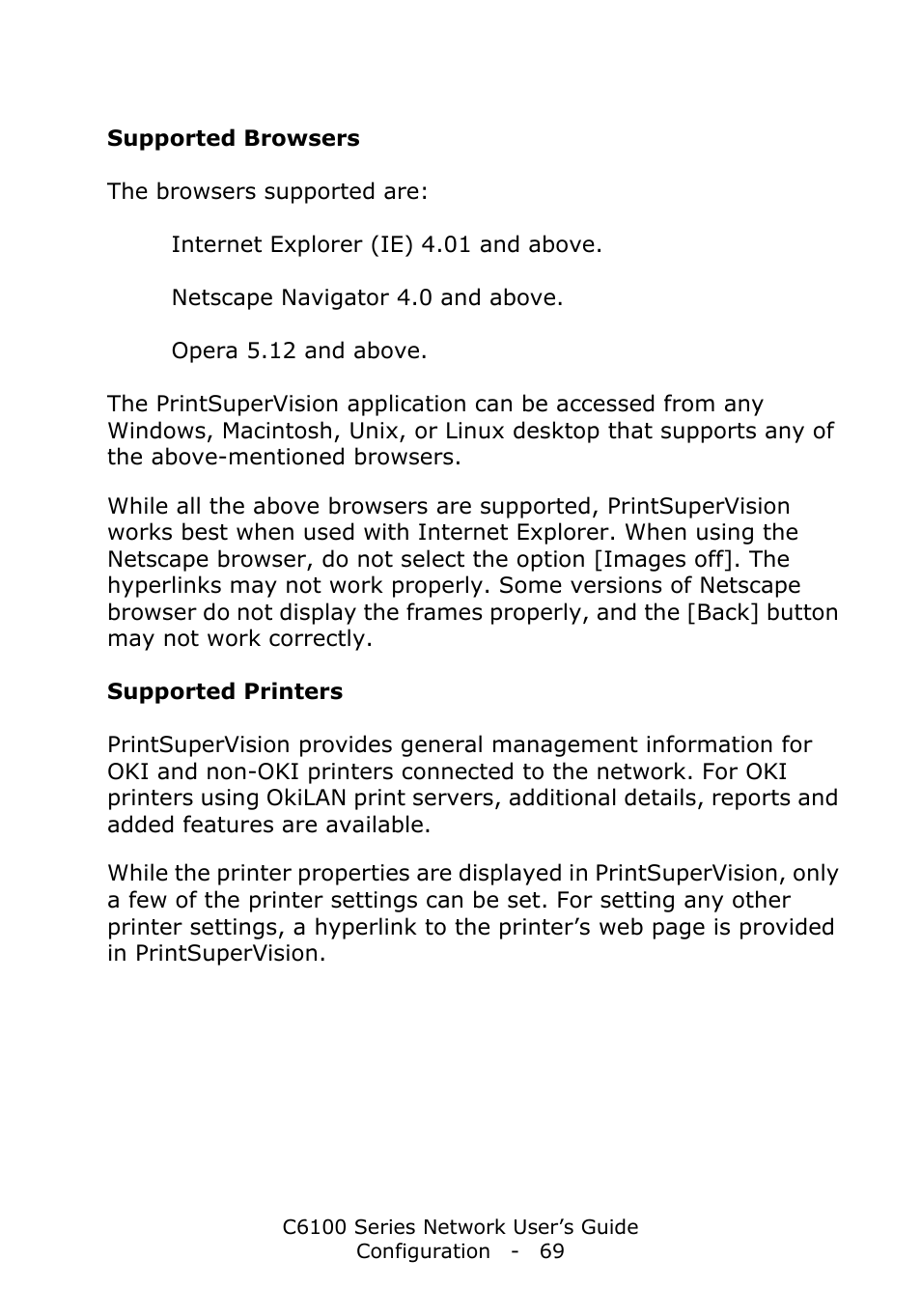 Supported browsers, Supported printers | Oki C6100dn User Manual | Page 69 / 128