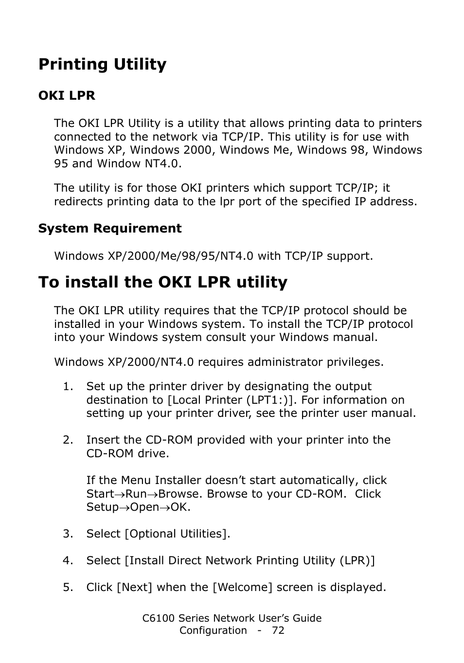 Printing utility, Oki lpr, System requirement | To install the oki lpr utility | Oki C6100dn User Manual | Page 72 / 128