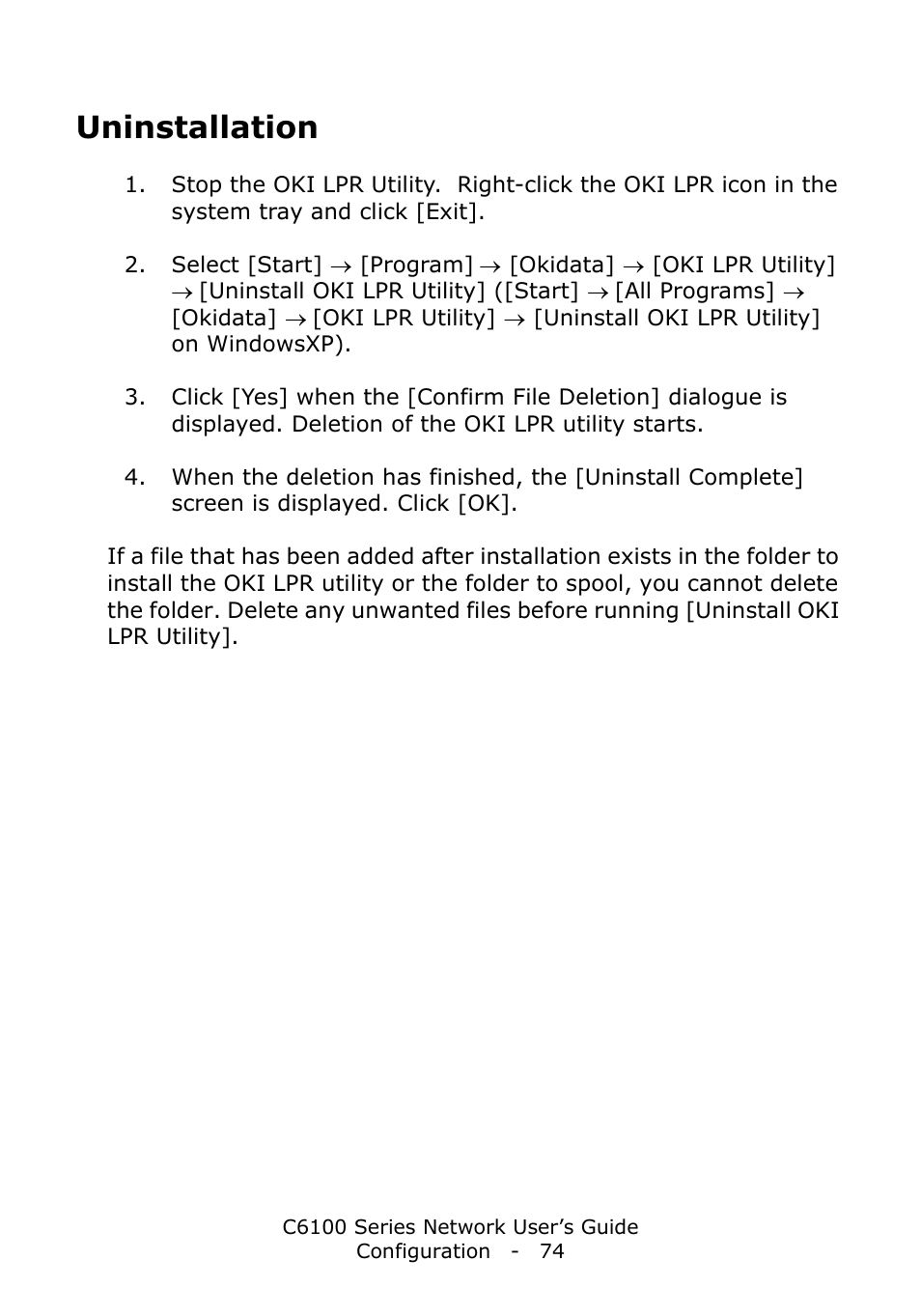 Uninstallation | Oki C6100dn User Manual | Page 74 / 128