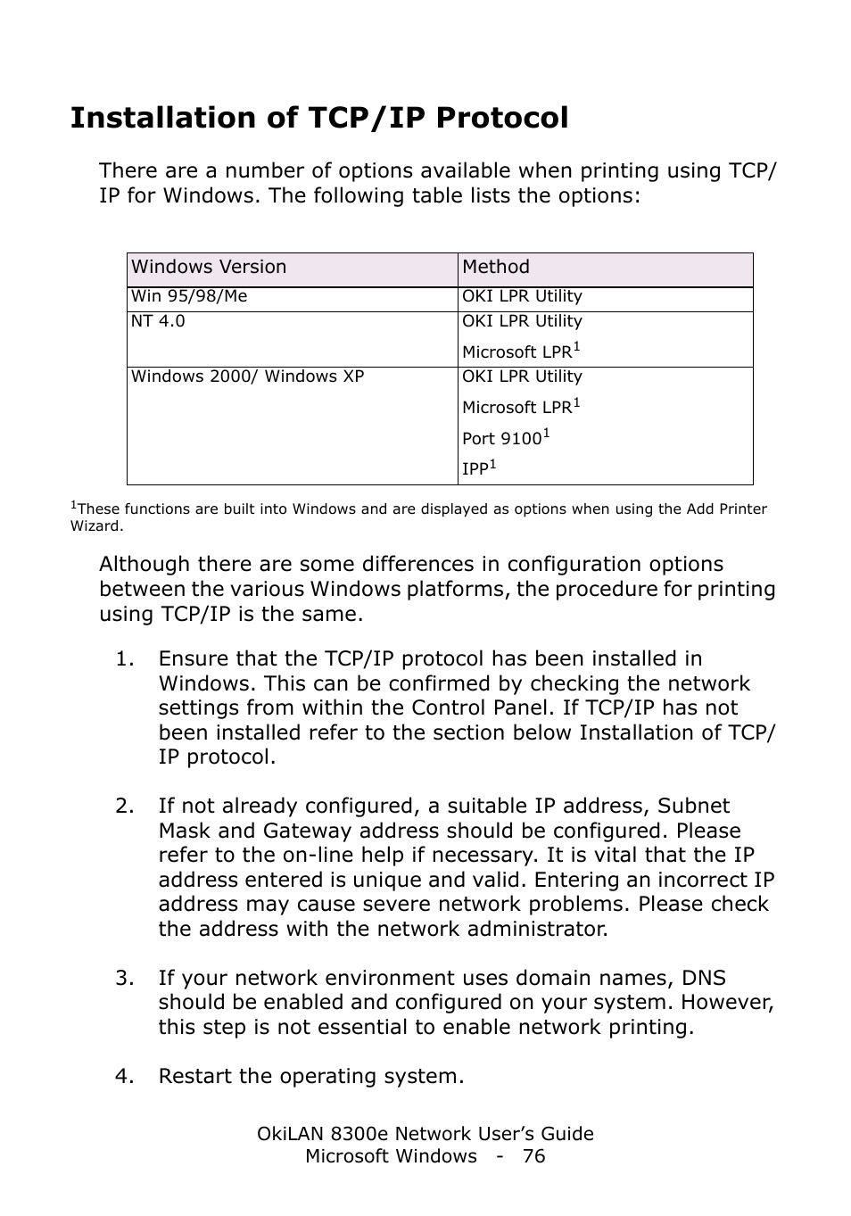 Installation of tcp/ip protocol | Oki C6100dn User Manual | Page 76 / 128