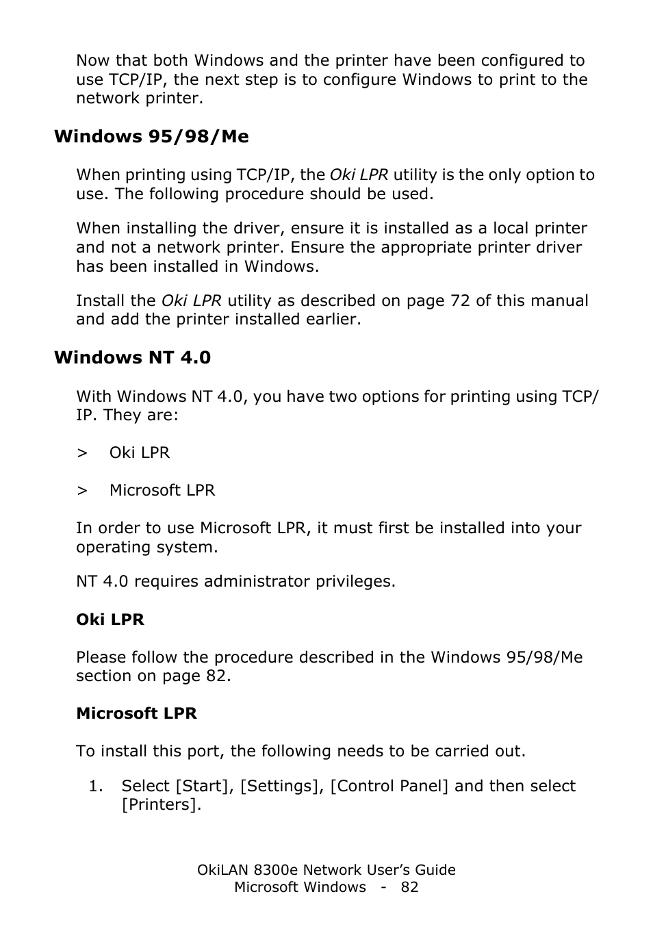 Windows 95/98/me, Windows nt 4.0, Oki lpr | Microsoft lpr | Oki C6100dn User Manual | Page 82 / 128