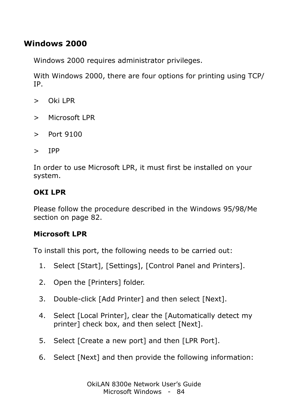 Windows 2000, Oki lpr, Microsoft lpr | Oki C6100dn User Manual | Page 84 / 128