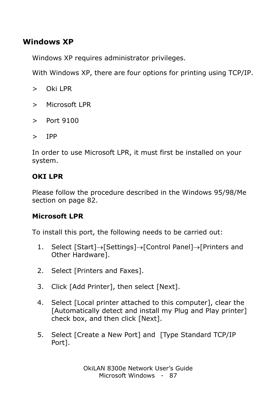 Windows xp, Oki lpr | Oki C6100dn User Manual | Page 87 / 128