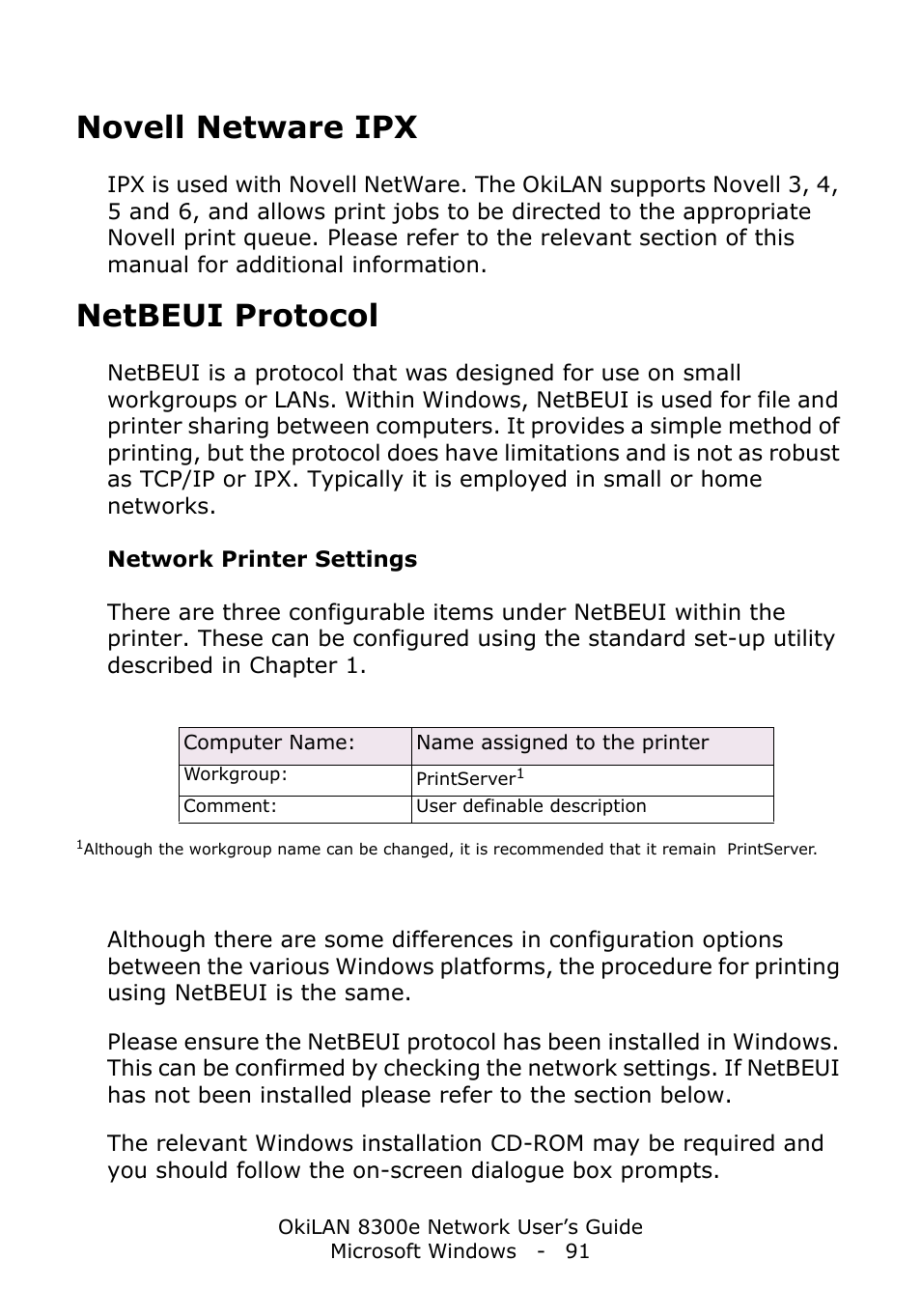 Novell netware ipx, Netbeui protocol, Network printer settings | Oki C6100dn User Manual | Page 91 / 128