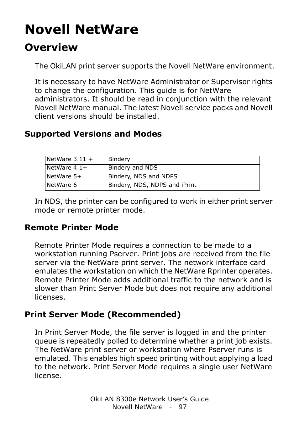 Novell netware, Overview, Supported versions and modes | Remote printer mode, Print server mode (recommended) | Oki C6100dn User Manual | Page 97 / 128