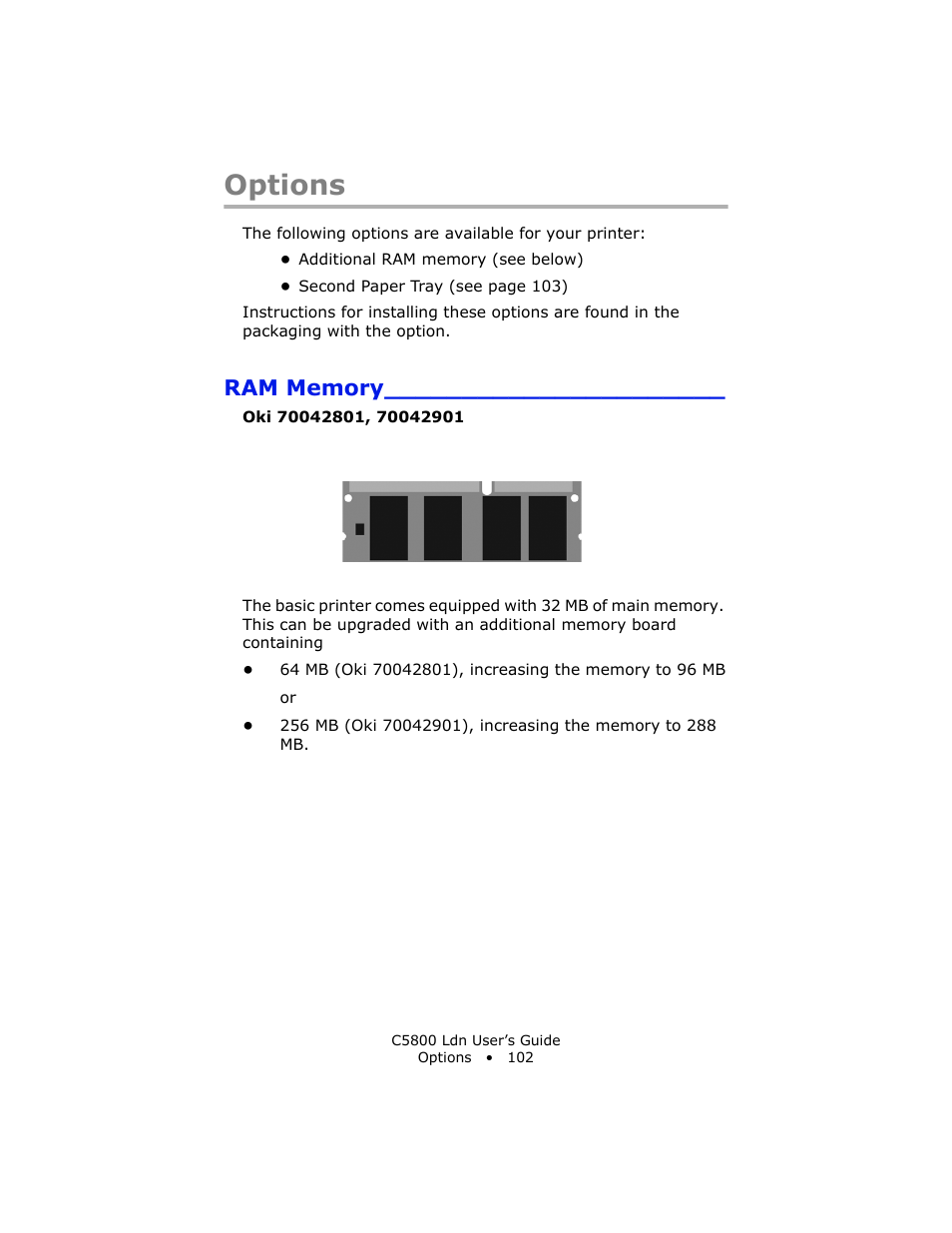 Options, Ram memory | Oki C 5800Ldn User Manual | Page 102 / 251