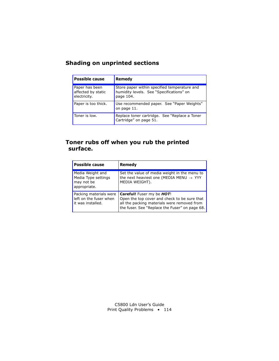Shading on unprinted sections, Toner rubs off when you rub the printed surface | Oki C 5800Ldn User Manual | Page 114 / 251