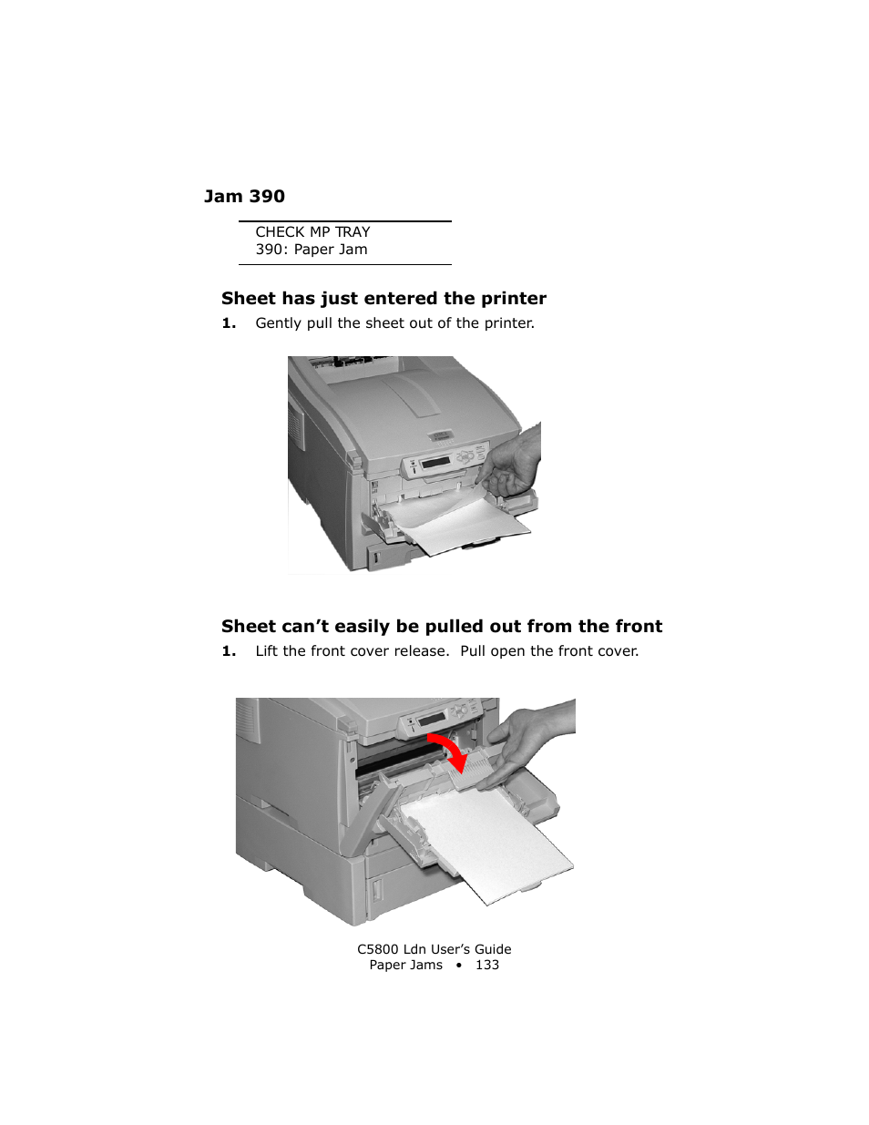 Jam 390, Sheet has just entered the printer, Sheet can’t easily be pulled out from the front | Oki C 5800Ldn User Manual | Page 133 / 251