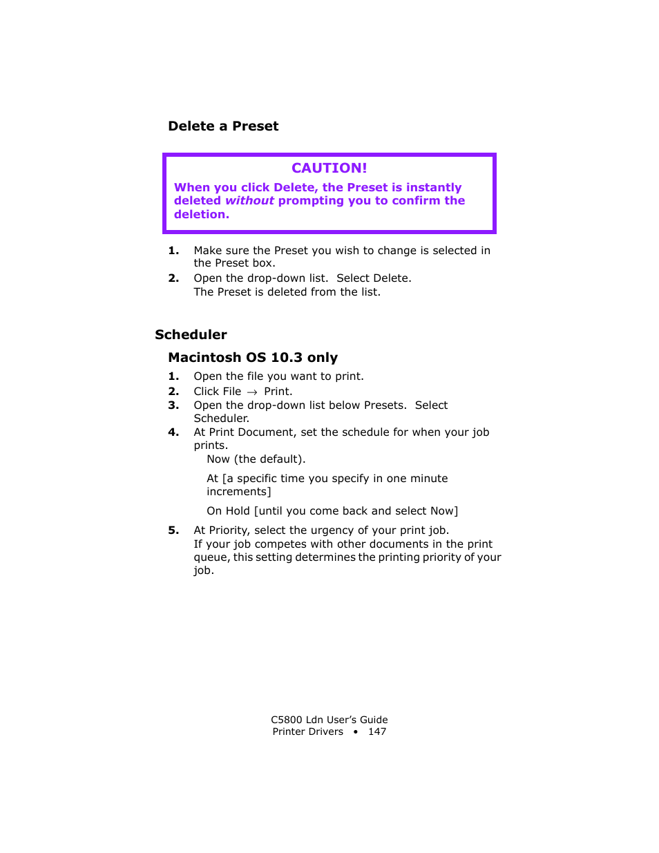 Delete a preset, Scheduler, Macintosh os 10.3 only | Caution | Oki C 5800Ldn User Manual | Page 147 / 251