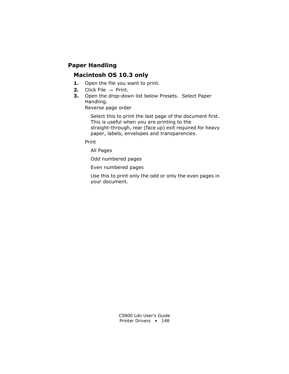 Paper handling, Macintosh os 10.3 only | Oki C 5800Ldn User Manual | Page 148 / 251