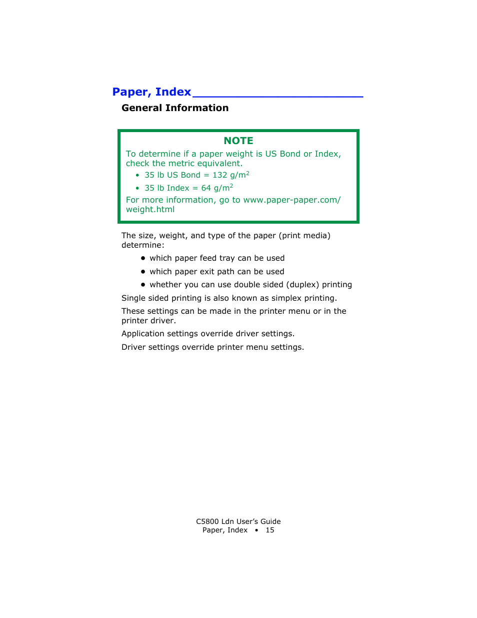 Paper, index, General information | Oki C 5800Ldn User Manual | Page 15 / 251