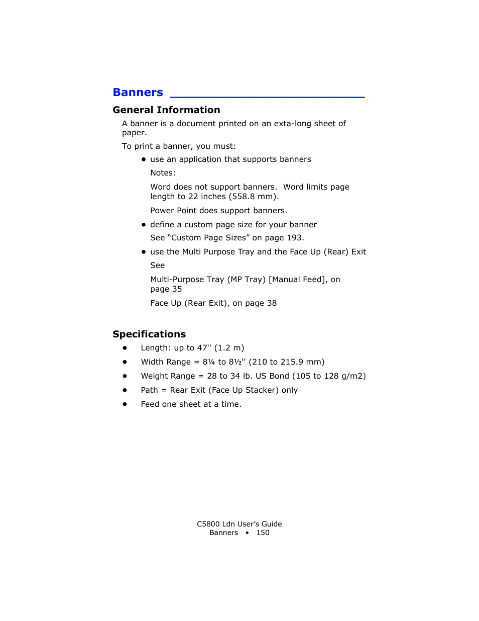 Banners, General information, Specifications | Oki C 5800Ldn User Manual | Page 150 / 251
