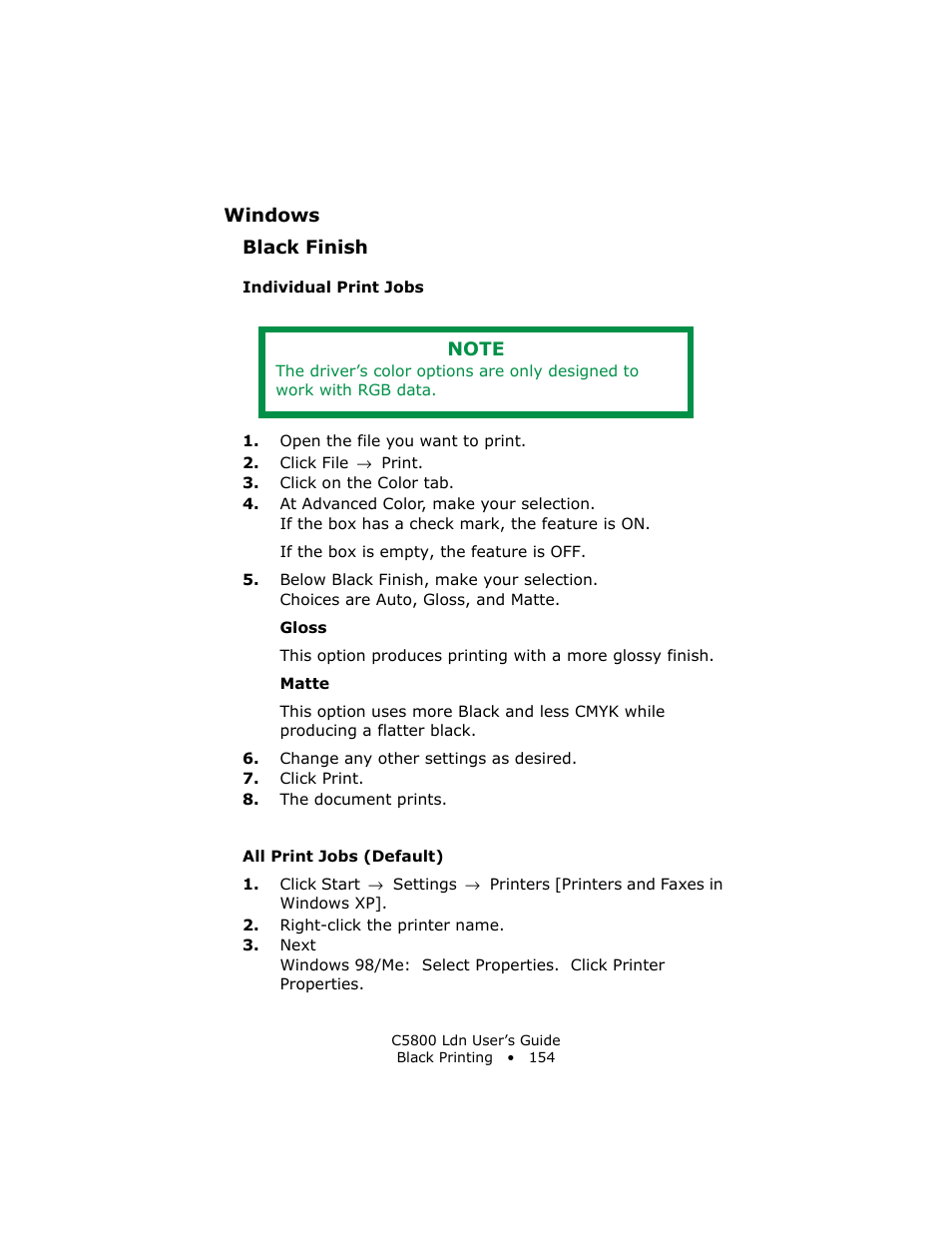 Black finish, Individual print jobs, All print jobs (default) | Oki C 5800Ldn User Manual | Page 154 / 251