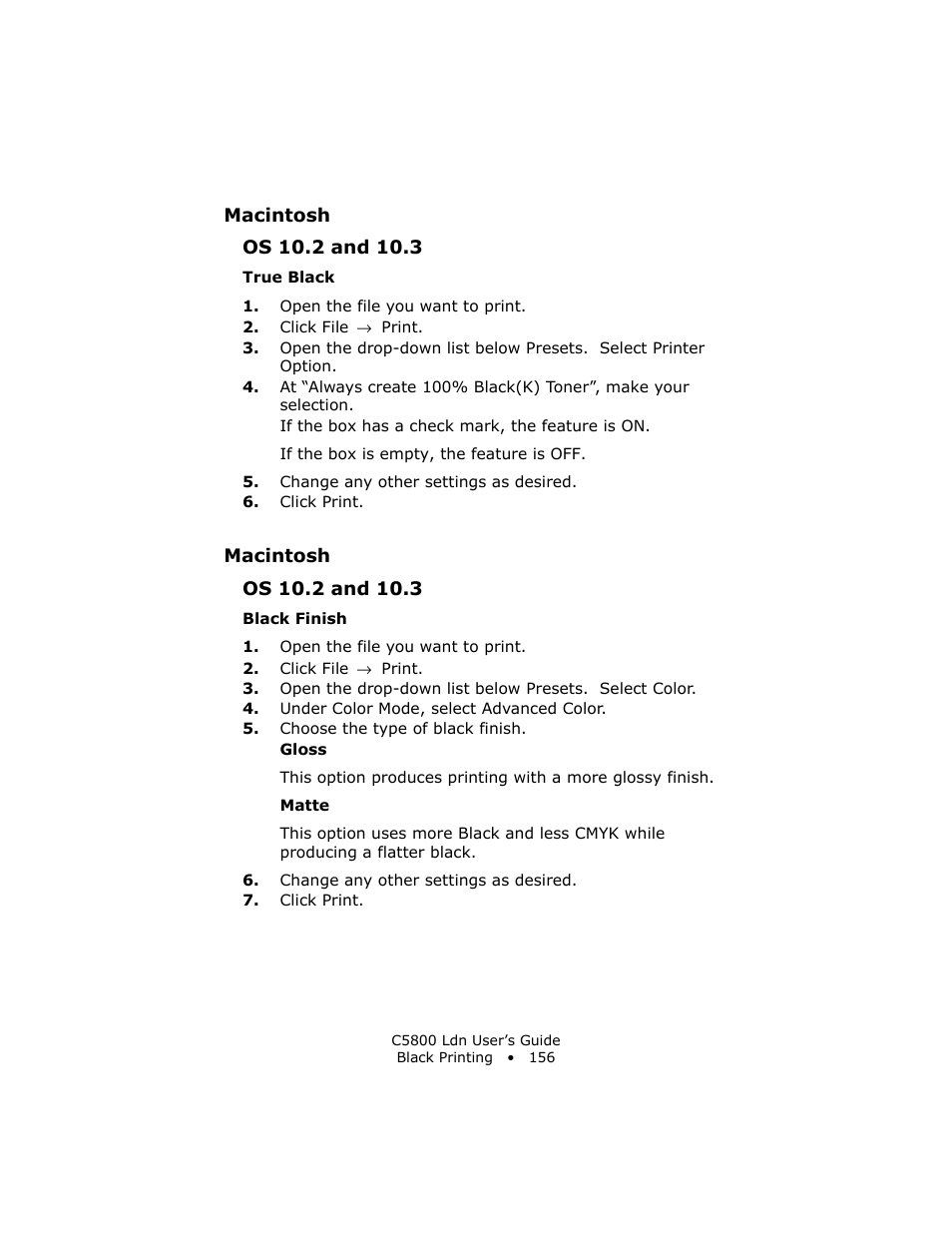 Macintosh, Os 10.2 and 10.3, True black | Black finish | Oki C 5800Ldn User Manual | Page 156 / 251