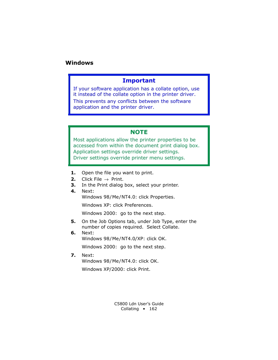 Windows, Important | Oki C 5800Ldn User Manual | Page 162 / 251