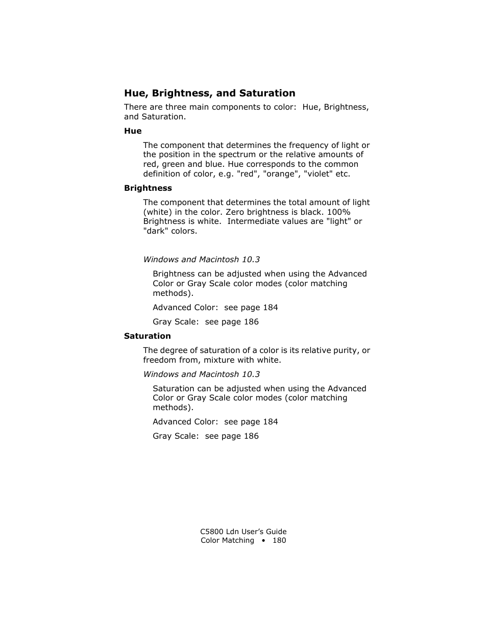 Hue, brightness, and saturation, Brightness, Saturation | Oki C 5800Ldn User Manual | Page 180 / 251