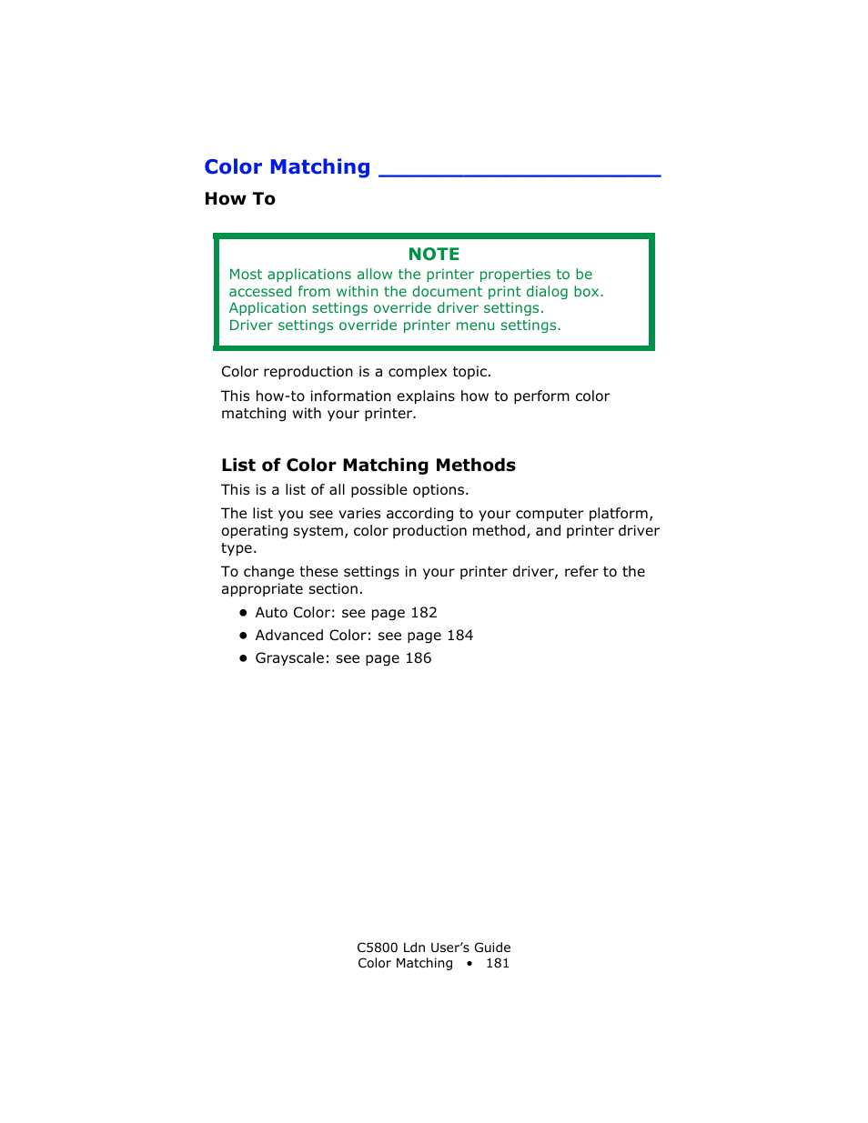 How to, List of color matching methods, Color matching | Oki C 5800Ldn User Manual | Page 181 / 251