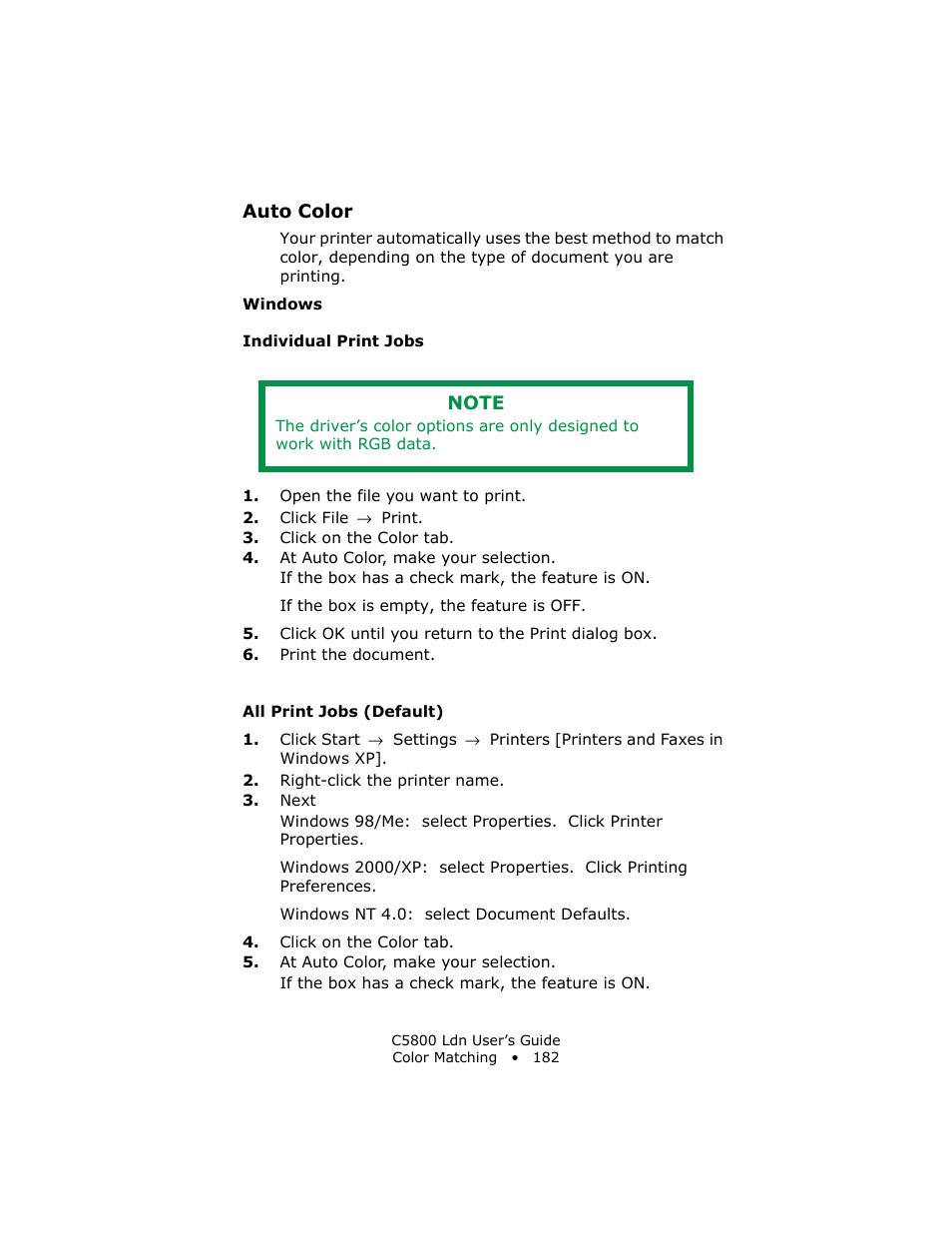 Auto color, Windows, Individual print jobs | All print jobs (default) | Oki C 5800Ldn User Manual | Page 182 / 251