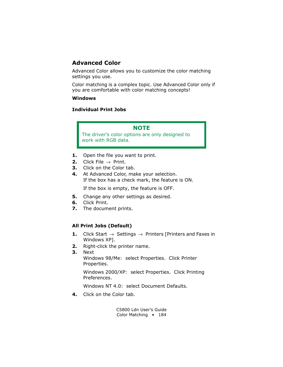 Advanced color, Windows, Individual print jobs | All print jobs (default) | Oki C 5800Ldn User Manual | Page 184 / 251