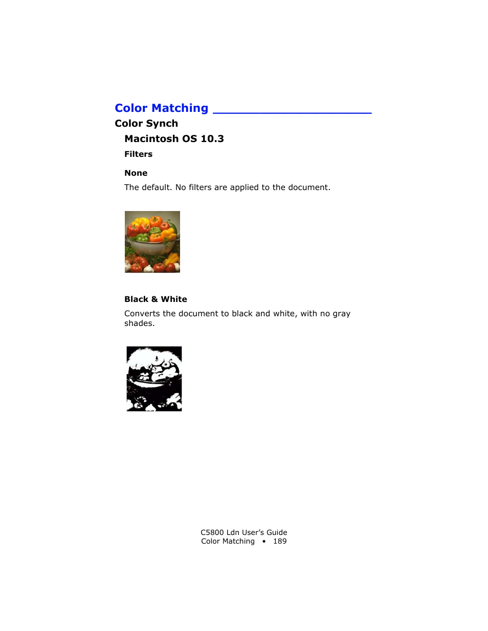 Filters, None, Black & white | Color matching | Oki C 5800Ldn User Manual | Page 189 / 251