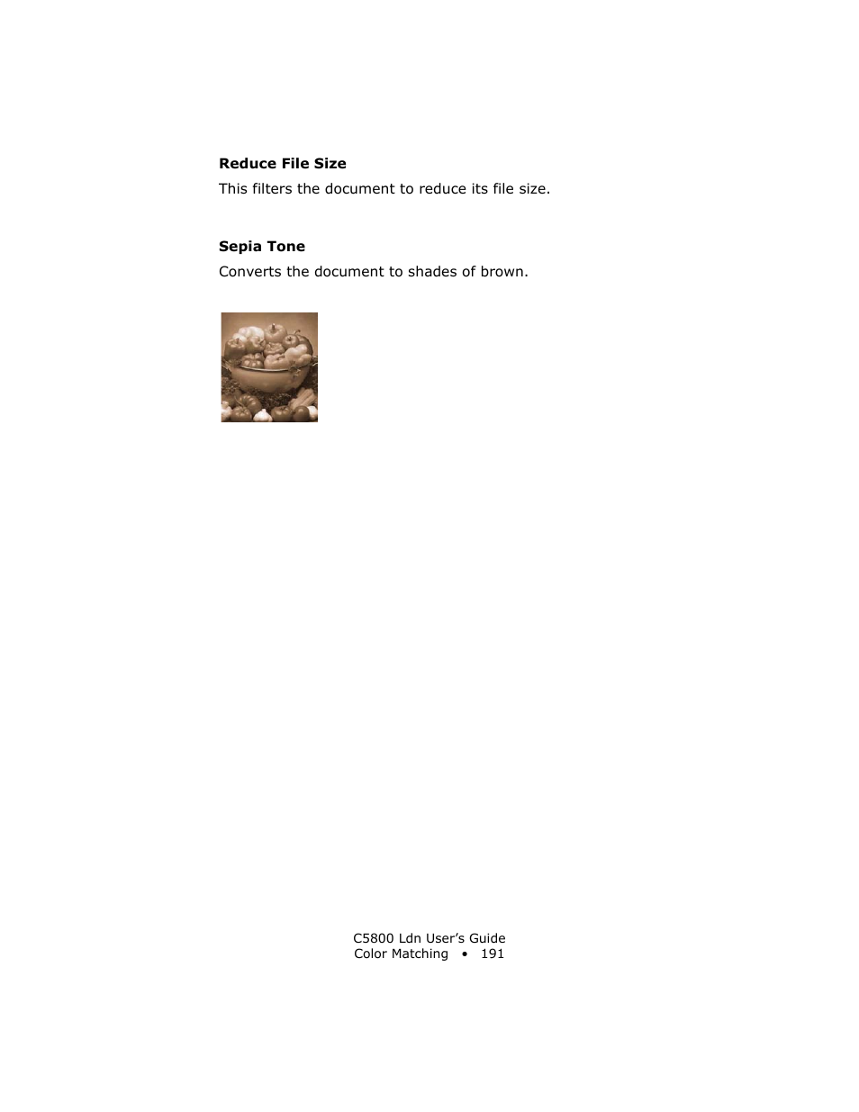 Reduce file size, Sepia tone | Oki C 5800Ldn User Manual | Page 191 / 251