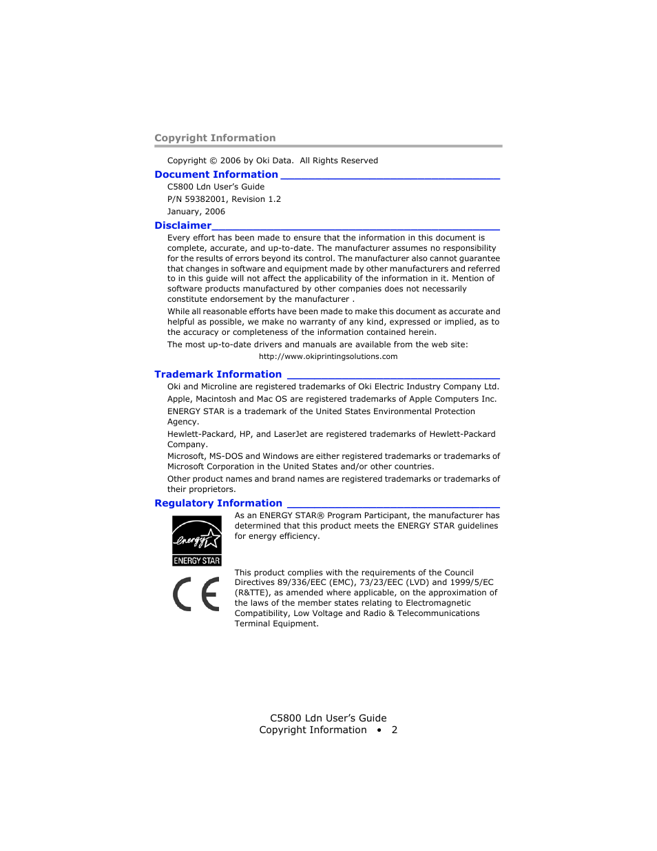 Copyright information, Document information, Disclaimer | Trademark information, Regulatory information | Oki C 5800Ldn User Manual | Page 2 / 251