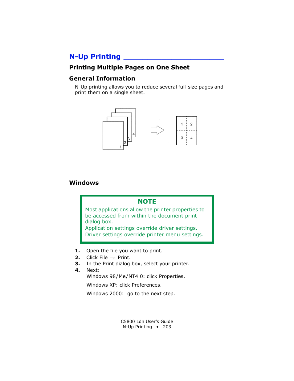 N-up printing, General information, Windows | Oki C 5800Ldn User Manual | Page 203 / 251