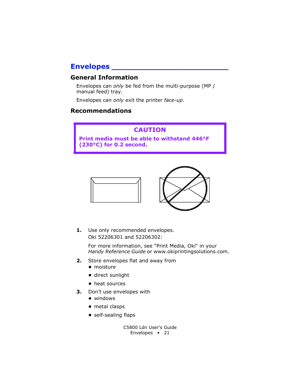 Envelopes, General information, Recommendations | Caution | Oki C 5800Ldn User Manual | Page 21 / 251