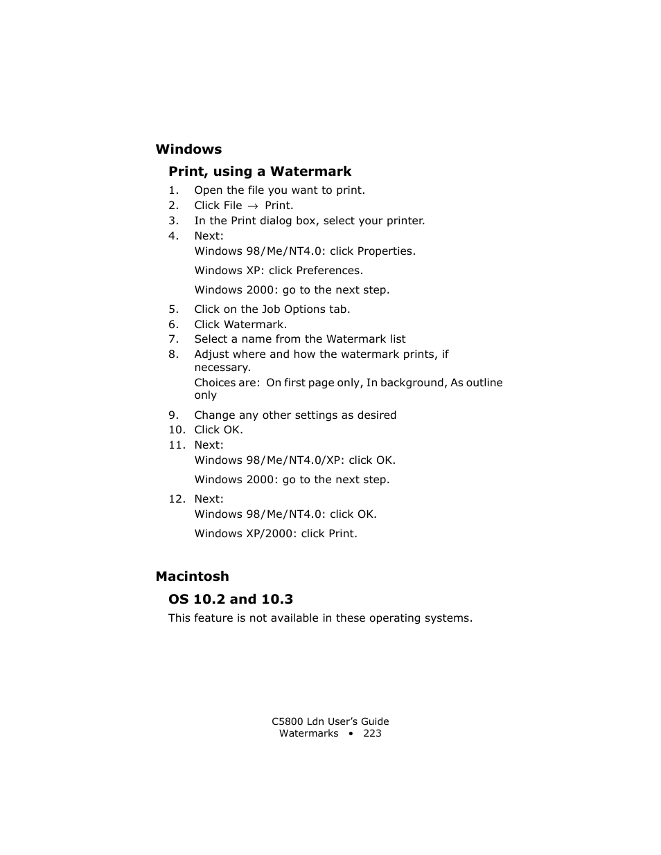Print, using a watermark, Macintosh, Os 10.2 and 10.3 | Oki C 5800Ldn User Manual | Page 223 / 251