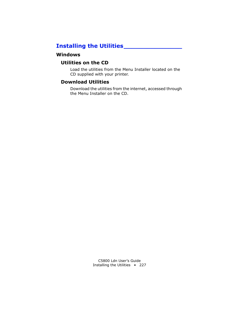 Installing the utilities, Windows, Utilities on the cd | Download utilities | Oki C 5800Ldn User Manual | Page 227 / 251