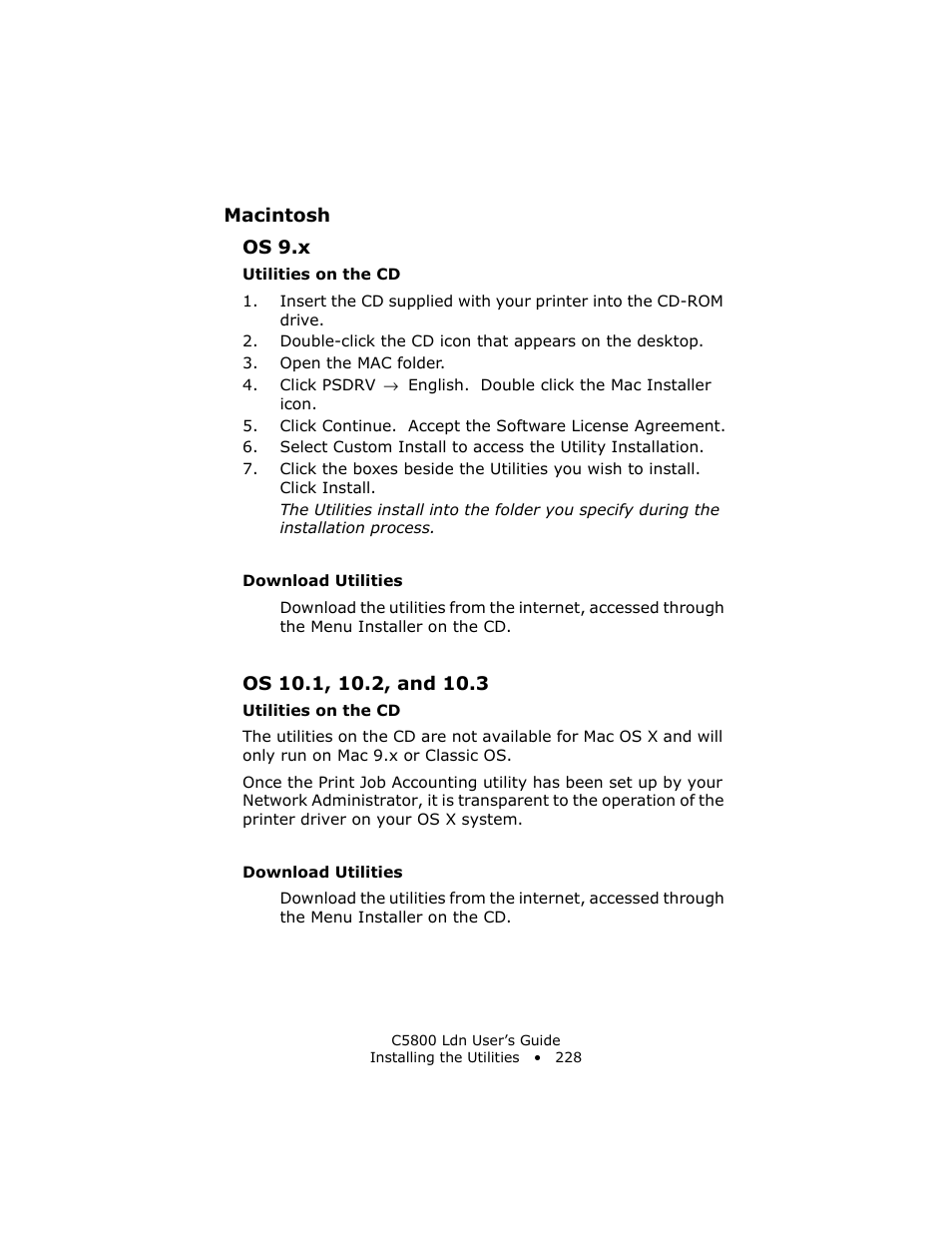 Macintosh, Os 9.x, Utilities on the cd | Download utilities, Os 10.1, 10.2, and 10.3 | Oki C 5800Ldn User Manual | Page 228 / 251