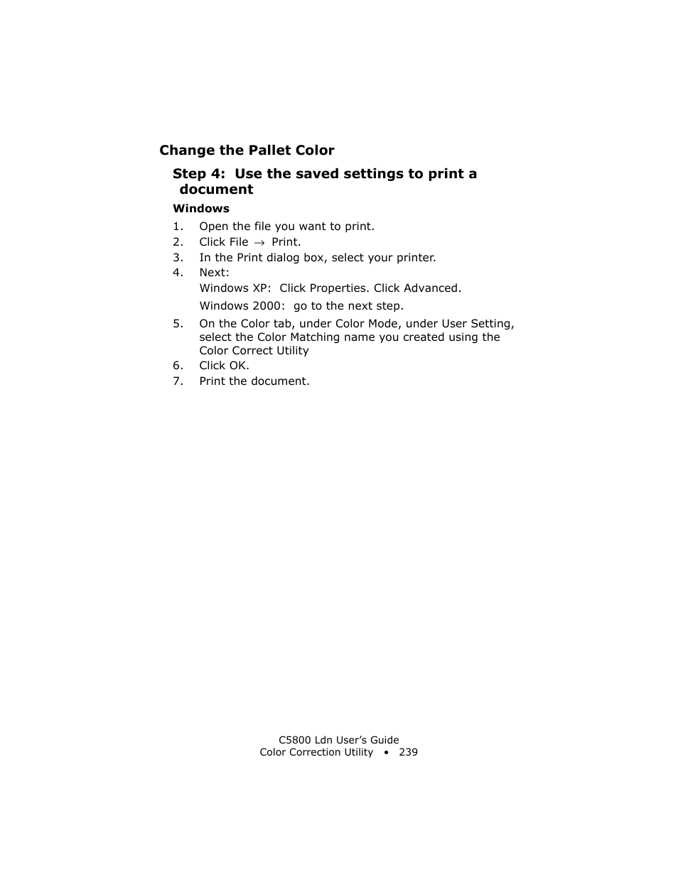 Step 4: use the saved settings to print a document | Oki C 5800Ldn User Manual | Page 239 / 251