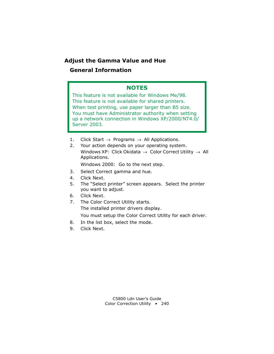 Adjust the gamma value and hue, General information | Oki C 5800Ldn User Manual | Page 240 / 251