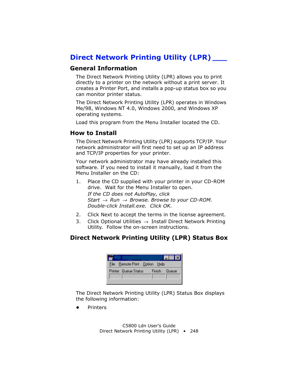 Direct network printing utility (lpr), General information, How to install | Direct network printing utility (lpr) status box | Oki C 5800Ldn User Manual | Page 248 / 251