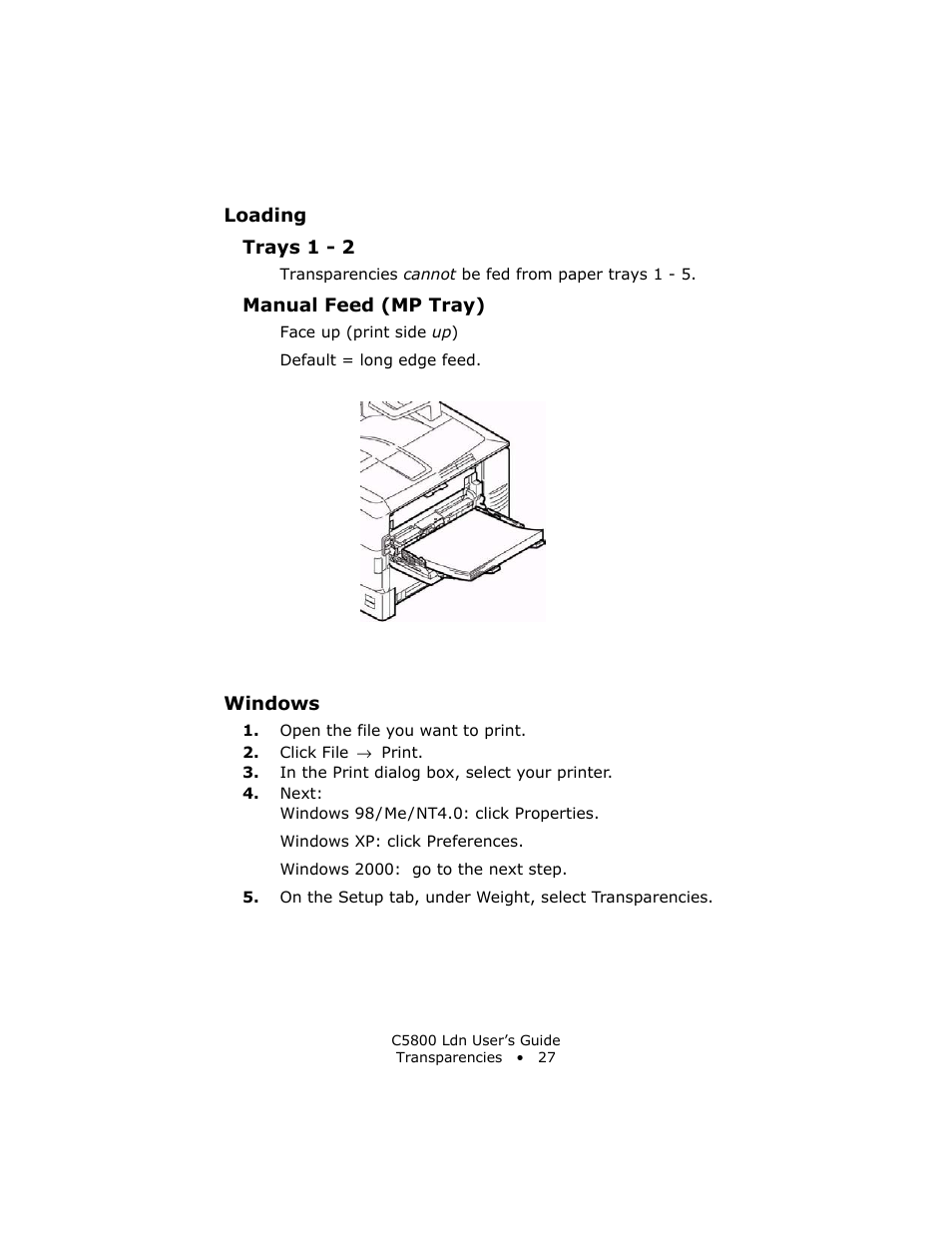 Loading, Manual feed (mp tray), Windows | Oki C 5800Ldn User Manual | Page 27 / 251